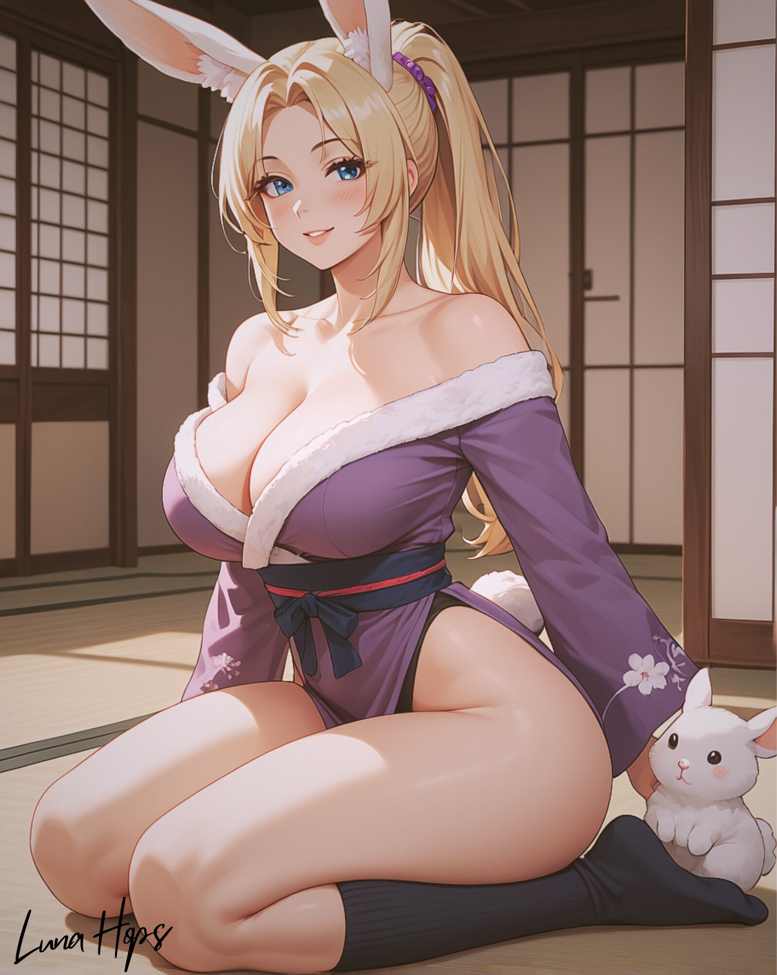 Luna Hops kneeling, Japanese house interior, tatami mat, purple kimono, black socks, cute pet rabbit, bunny girl, Kemono Oniric Studio.